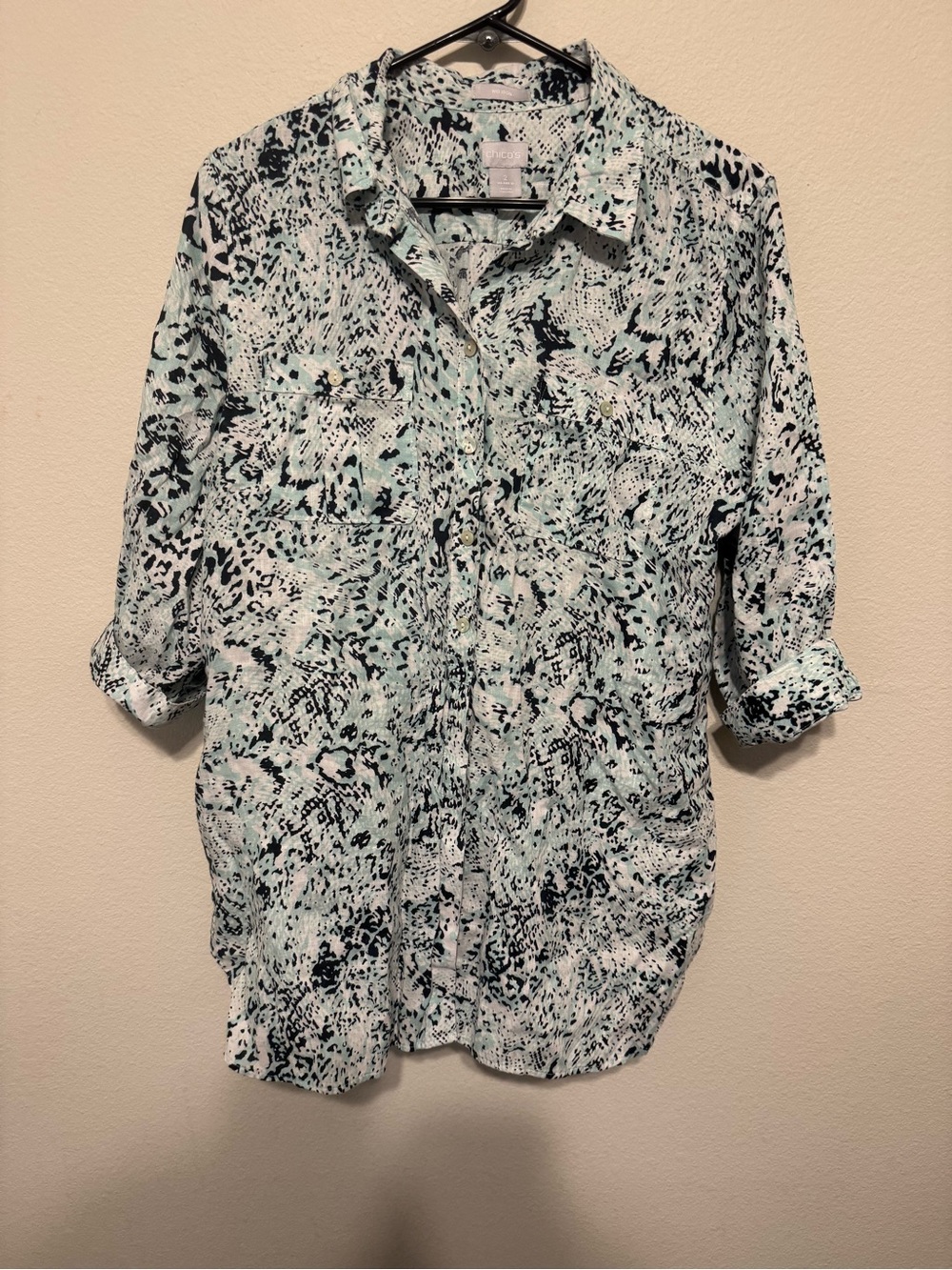 Chico's Mint and Black Abstract Button-Down Shirt
